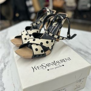YSL Yves Saint Laurent Cream Black Polka Dot Sandals Size 38